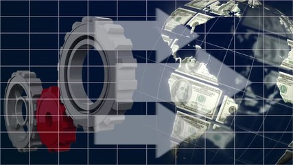 Animation of cogs working, globe made with American dollar banknotes spinning and information flowing - Powered by Adobe