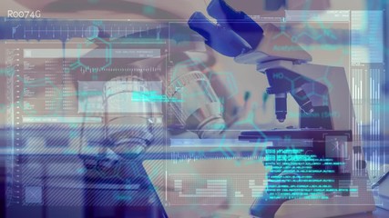 Animation of structural chemical formulae compounds over microscope with scientific data processing - Powered by Adobe