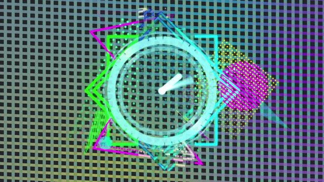 Animation of digital clock moving fast with geometric shapes tumbling on a gradient mesh background