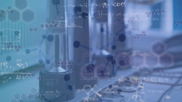 Animation of molecules floating over formulae and data processing and laboratory equipment