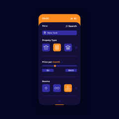 Buy property smartphone interface vector template. Mobile app page dark blue design layout. Choosing accomodation type screen. Flat UI for application. Select options for apartment. Phone display