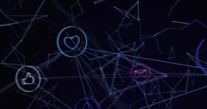 Animation of blue and purple light trails with icons on blue background