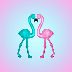 Contemporary collage. Two flamingos on a blue background are looking at each other. The concept of love, abstraction.