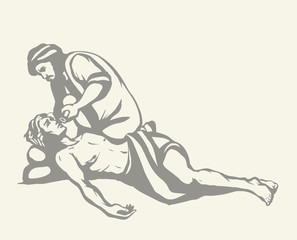 The parable of the good Samaritan. Vector drawing