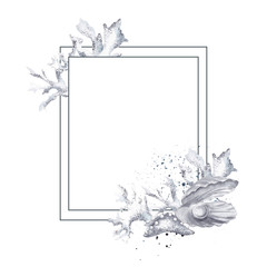 Obraz premium Frame with marine illustration, sea flowers, mermaid, animals, isolated on white background