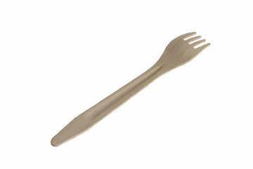 A wooden disposable fork, insulated on a white background