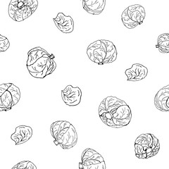 White cabbage, green cabbage whole heads and leaves. Seamless pattern repeating. Black and white doodle vector illustration on a white background, isolated cut-out objects