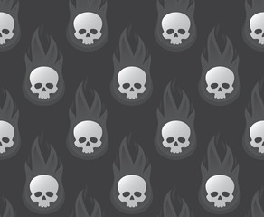 Vector seamless texture of a burning skull against a gray background.