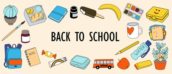 Back to school background with school supplies set, vector illustration.