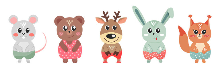 Set of cute woodland animals stock vector illustration isolated on white background.