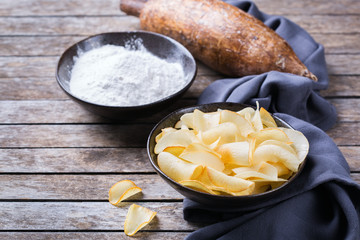 Yucca, yuca, cassava, manioca, mandioca chips and flour