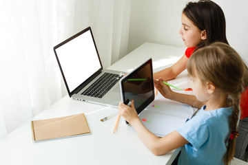 Cool online school. Kids studying online at home using a laptop. Cheerful young little girls using laptop computer studying through online e-learning system. Distance or remote learning