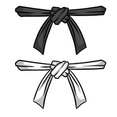 Black and white belt karate and judo. Oriental combat sport. Element of clothing of fighter. Traditional Japanese kimono. Master level set. Hand drawn illustration © Taras