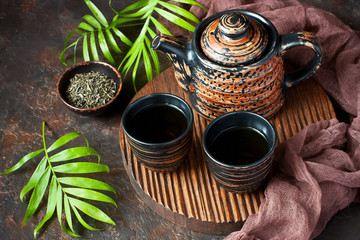 Asian food background - teapot  and   cups