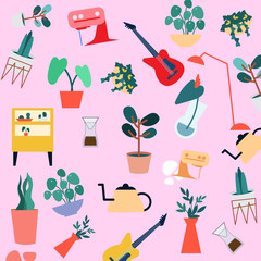 Relaxing activity in holiday or quarantine concept with cute equipment, plant, coffee, tea pot, guitar, sewing machine. Seamless pattern, theme collage, wallpaper background, Vector illustration.