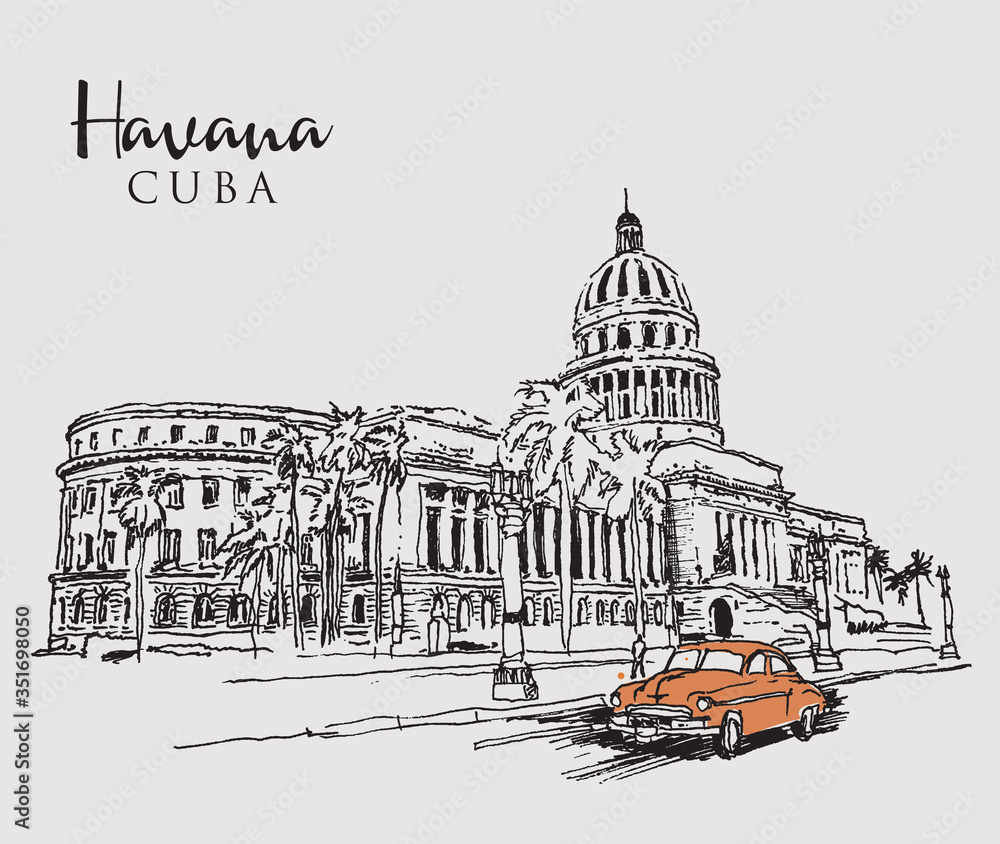 Wall mural Drawing sketch illustration of Havana