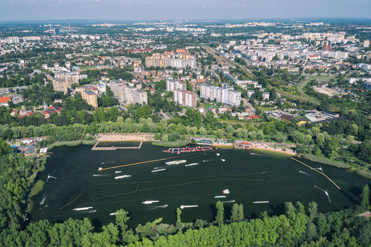 Wake Cable Park On Lake Wakeboarding In The City Aerial Drone Photo 