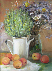 Still life with dried flowers and peaches, oil painting