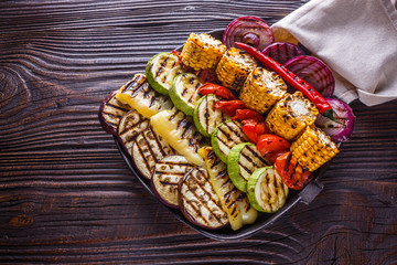 appetizing fresh grilled vegetables in a cast iron skillet