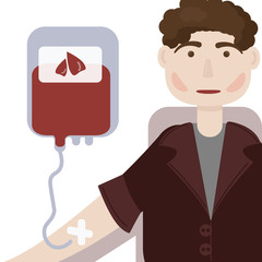 Vector flat illustration of a guy with red cheeks in a suit at the hospital. Volunteer blood donor. Blood transfusion, health care, world blood donor day.