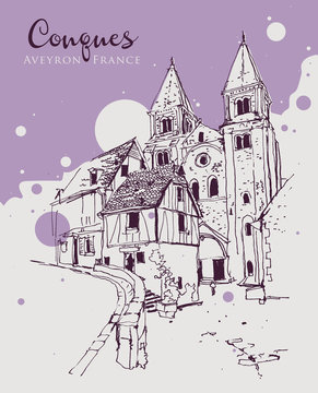 Drawing sketch illustration of Conques Village in Aveyron, France
