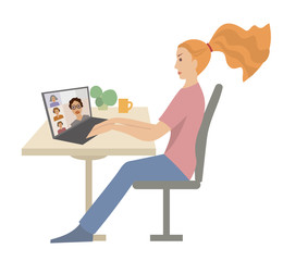 A woman working at her laptop in home office. A girl works with video call. Teamwork with video conference. Vector flat illustration on white background.