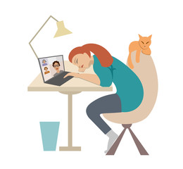 A woman working at her desk at home with pet. A girl works with video call. Video conference, meeting. Worker falls asleep. Vector illustration isolated on white background.