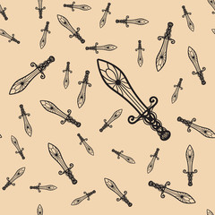 Heraldic symbols. The seamless pattern consists of stylized fantasy swords. A good pattern for children's room wallpaper or wrapping paper. The old aristocracy and chivalry