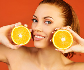 beautiful woman with orange on an orange background