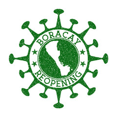 Boracay Reopening Stamp. Green round badge of island with map of Boracay. Island opening after lockdown. Vector illustration.