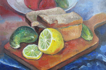 Bread and lemon on the table, oil painting