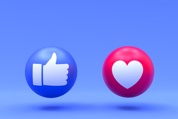 Facebook reactions like and love emoji 3d render,social media balloon symbol with facebook icons pattern - obrazy, fototapety, plakaty
