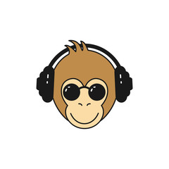 Monkey head, sunglasses and headphones. Animal print vector illustration isolated on white.