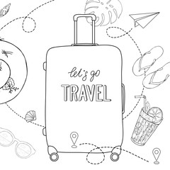 Poster on the theme of summer travel, leisure and adventure. Large suitcase on wheels and summer accessories. Black outline on a white background.