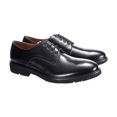 leather men's glossy autumn shoes, object isolated on a white background, clothing accessory.
