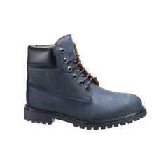 gray boots with laces on the tread, leather shoes for bad weather isolated on white background