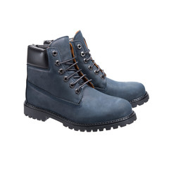 gray boots with laces on the tread, leather shoes for bad weather isolated on white background