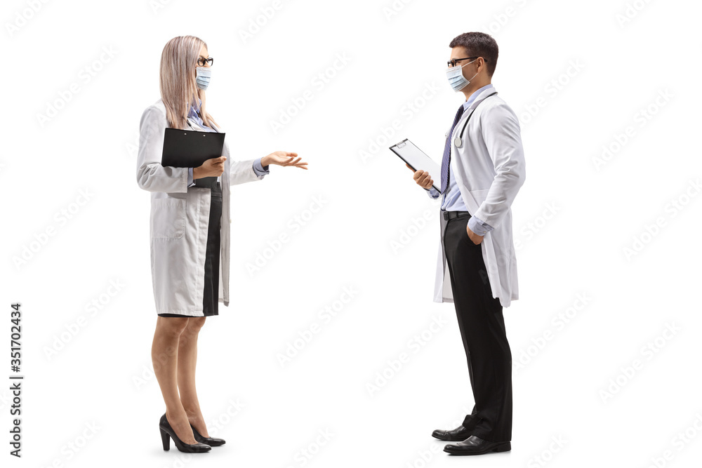 Poster Male and female doctor with protective masks talking