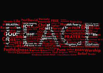 
Word peace standing out in white from christian words written with red on black background