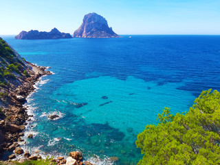 naturalistic maritime panorama of Es Vedra in the sea of ​​Ibiza from Cala d'Hort