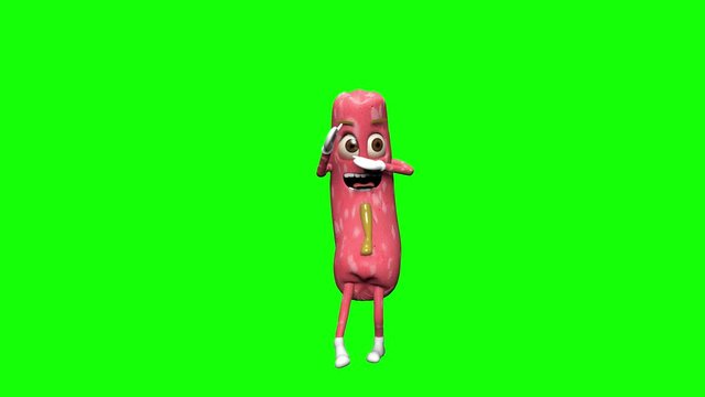 Cheerful dancing sausage is dancing on a green background. 4K video.