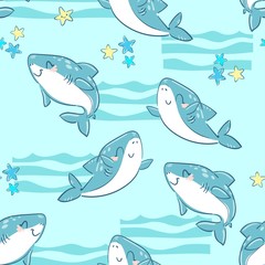 Seamless pattern cute shark and starfish background for textile. Vector illustration. Childish print design for fabric, t-shirts, poster, background.