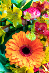 Bright orange gerbera in a bouquet of flowers. Beautiful bouquet gift for the holiday. Flowering...