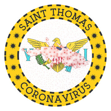 Coronavirus in Saint Thomas sign. Round badge with shape of Saint Thomas. Yellow island lock down emblem with title and virus signs. Vector illustration.