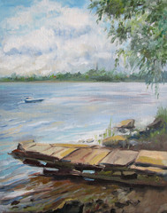 Pier in summer, volga river, oil painting
