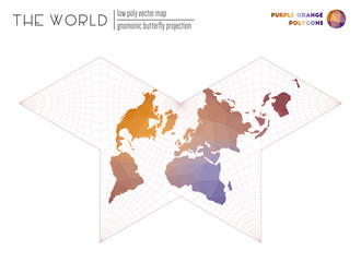World map in polygonal style. Gnomonic butterfly projection of the world. Purple Orange colored polygons. Beautiful vector illustration.