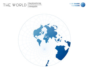 Polygonal world map. Stereographic of the world. Blue Shades colored polygons. Awesome vector illustration.