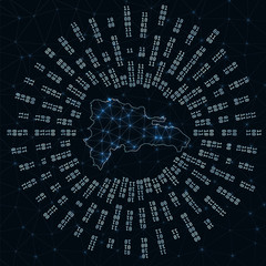 Dominican digital map. Binary rays radiating around glowing country. Internet connections and data exchange design. Vector illustration.
