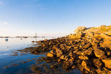 Yachts and boats sailing in Lilia bay near the Île Vierge lighthouse at sunset. Plouguerneau,...