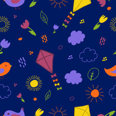 Seamless pattern with flowers, clouds, birds, and kites